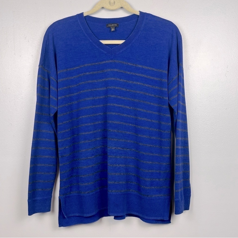 Talbots blue and black striped viscose cotton blend v-neck sweater, medium.